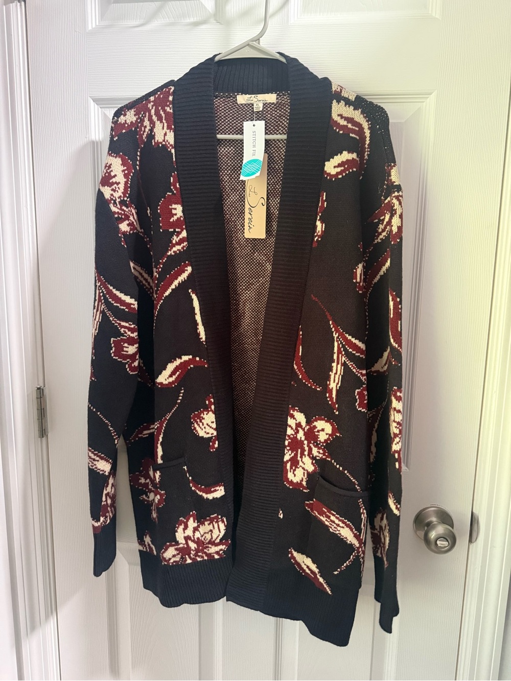 Las Serein Floral Open-Front Cardigan in Black, Burgundy & Cream